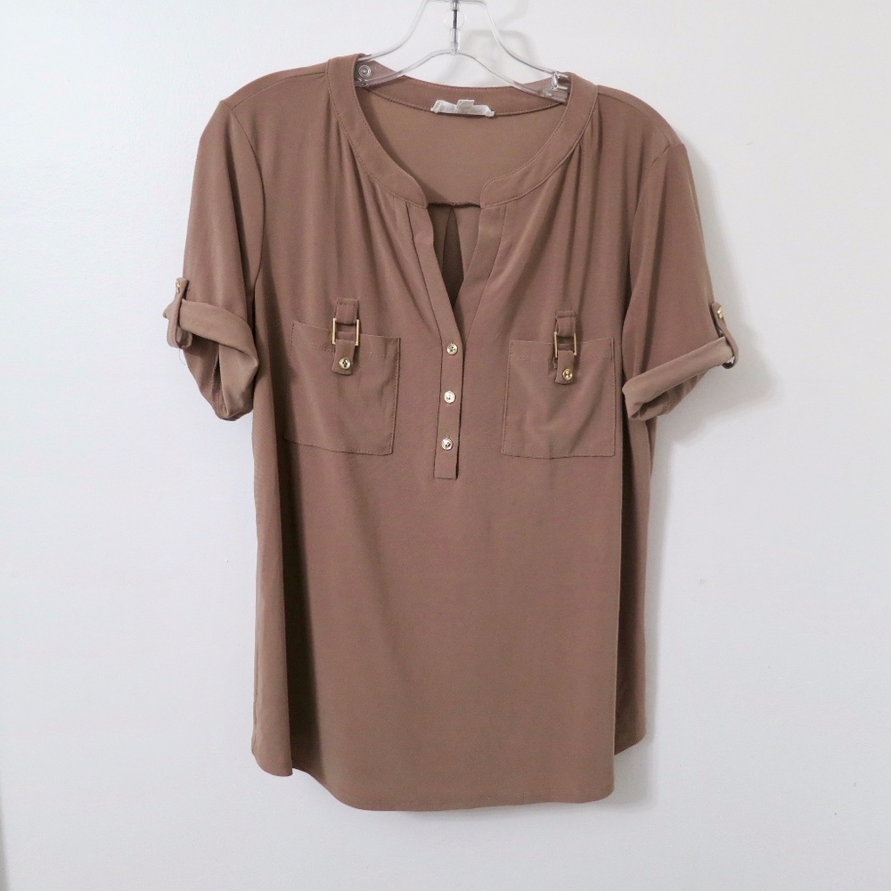 Perseption Concept Mocha Brown Blouse with Button Accents Size Large